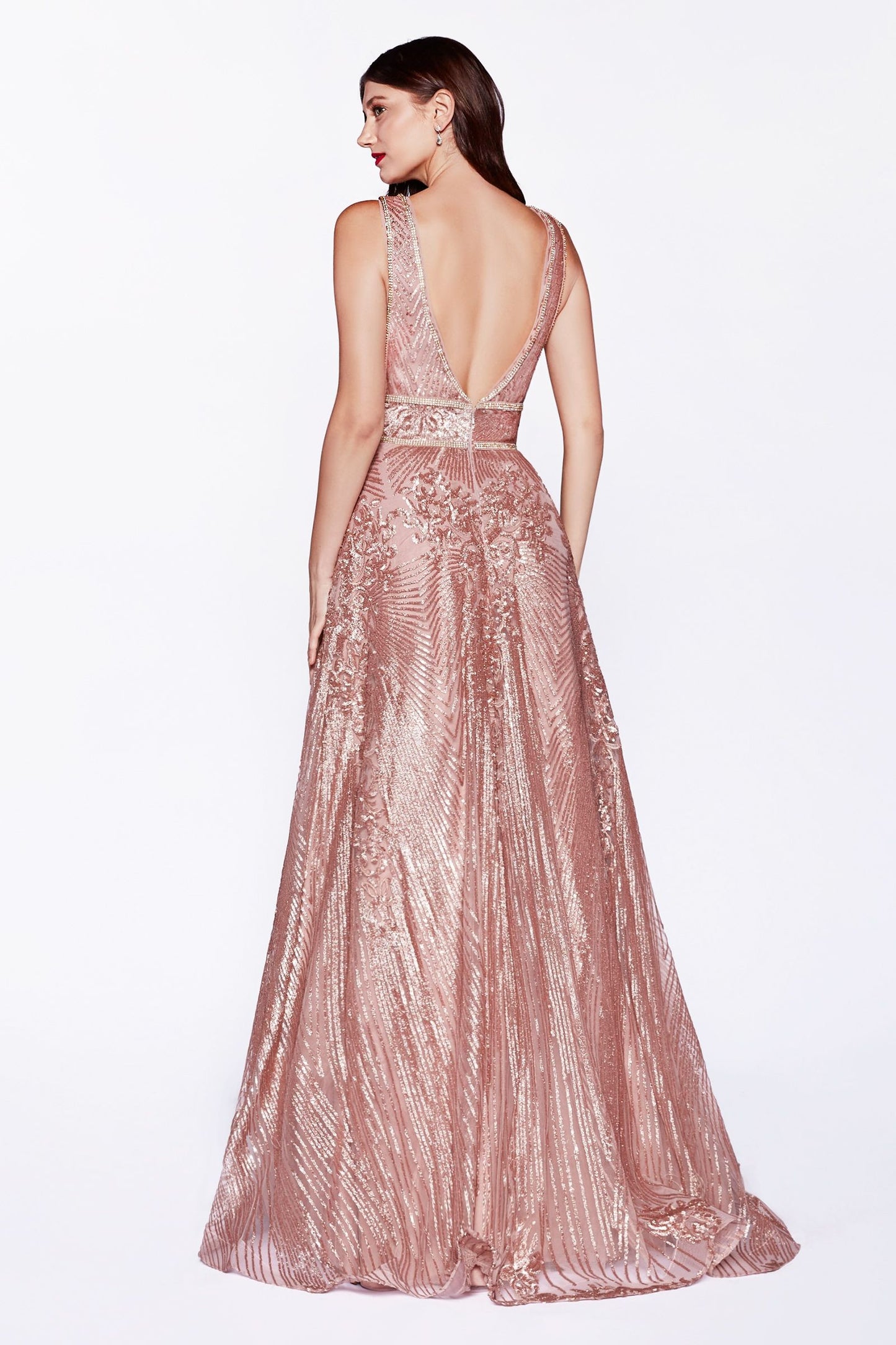 A-Line Gown With Sequin Geometric Pattern And Open Back.-3