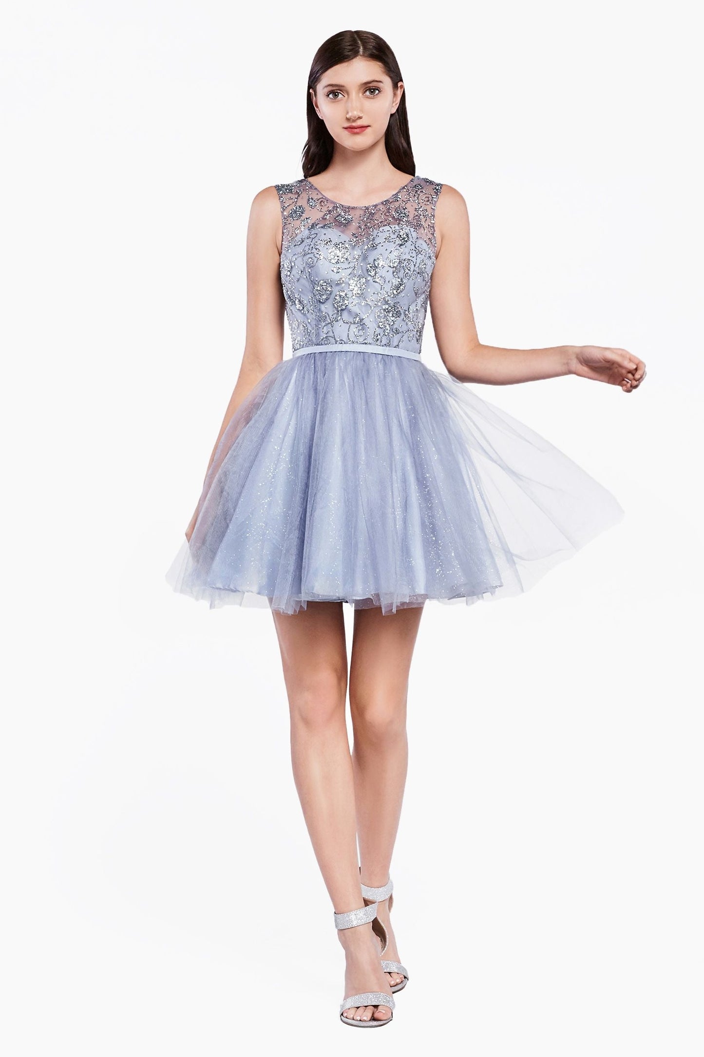 A-Line Tulle Short Dress With Glitter Detail And Illusion Neckline.-3