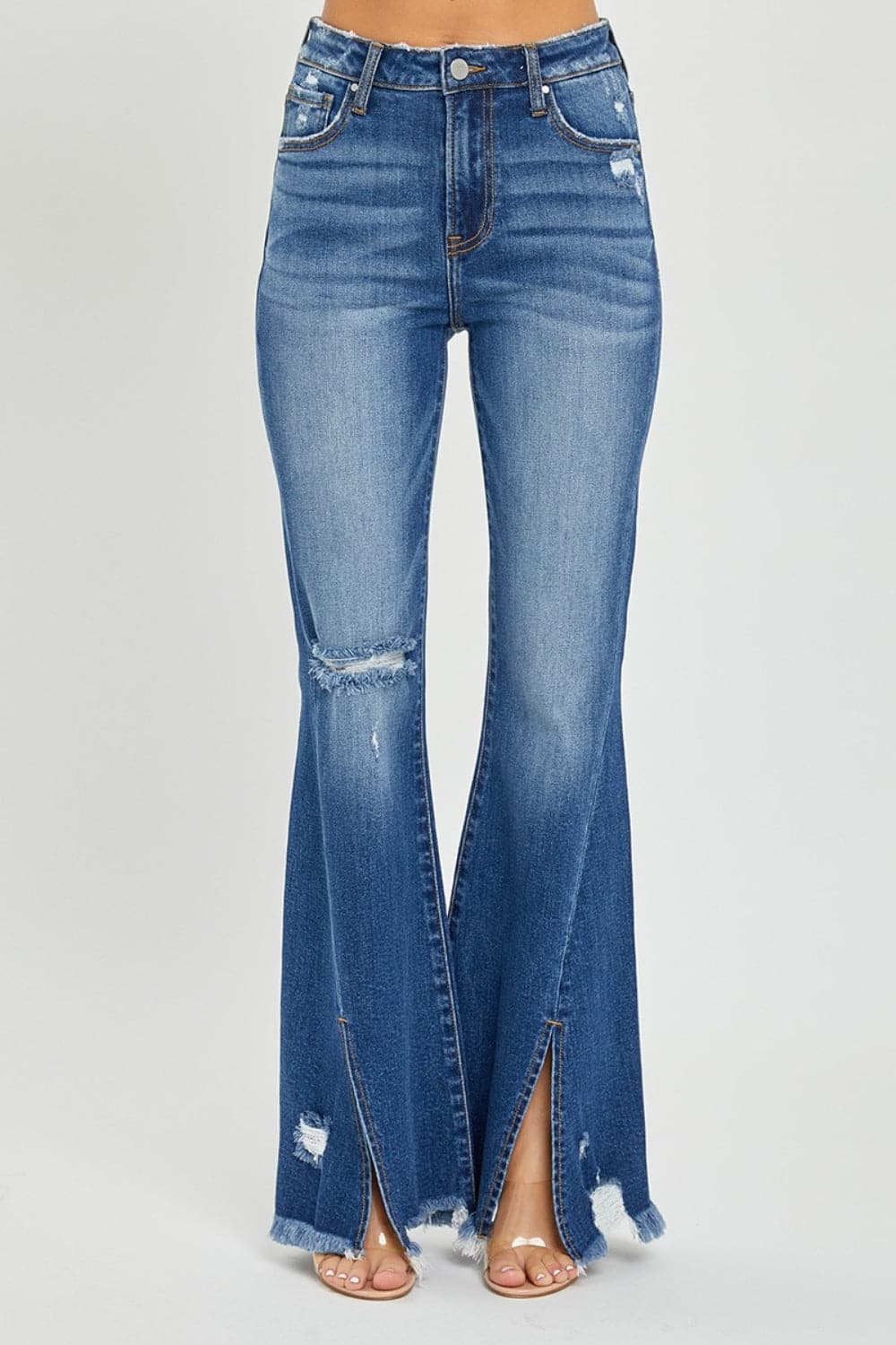 RISEN Full Size High Rise Front Slit Frayed Hem Flare Jeans-4