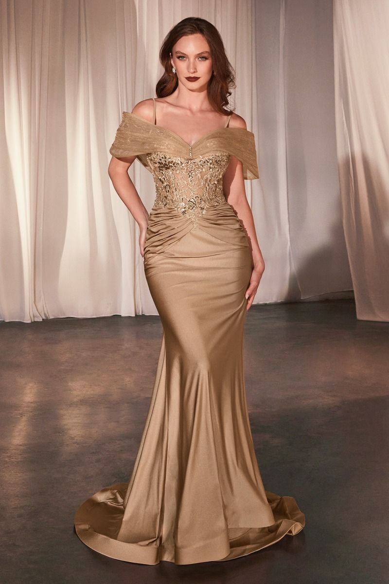 Fitted Satin & Lace Gown With Off The Shoulder Accessory-4