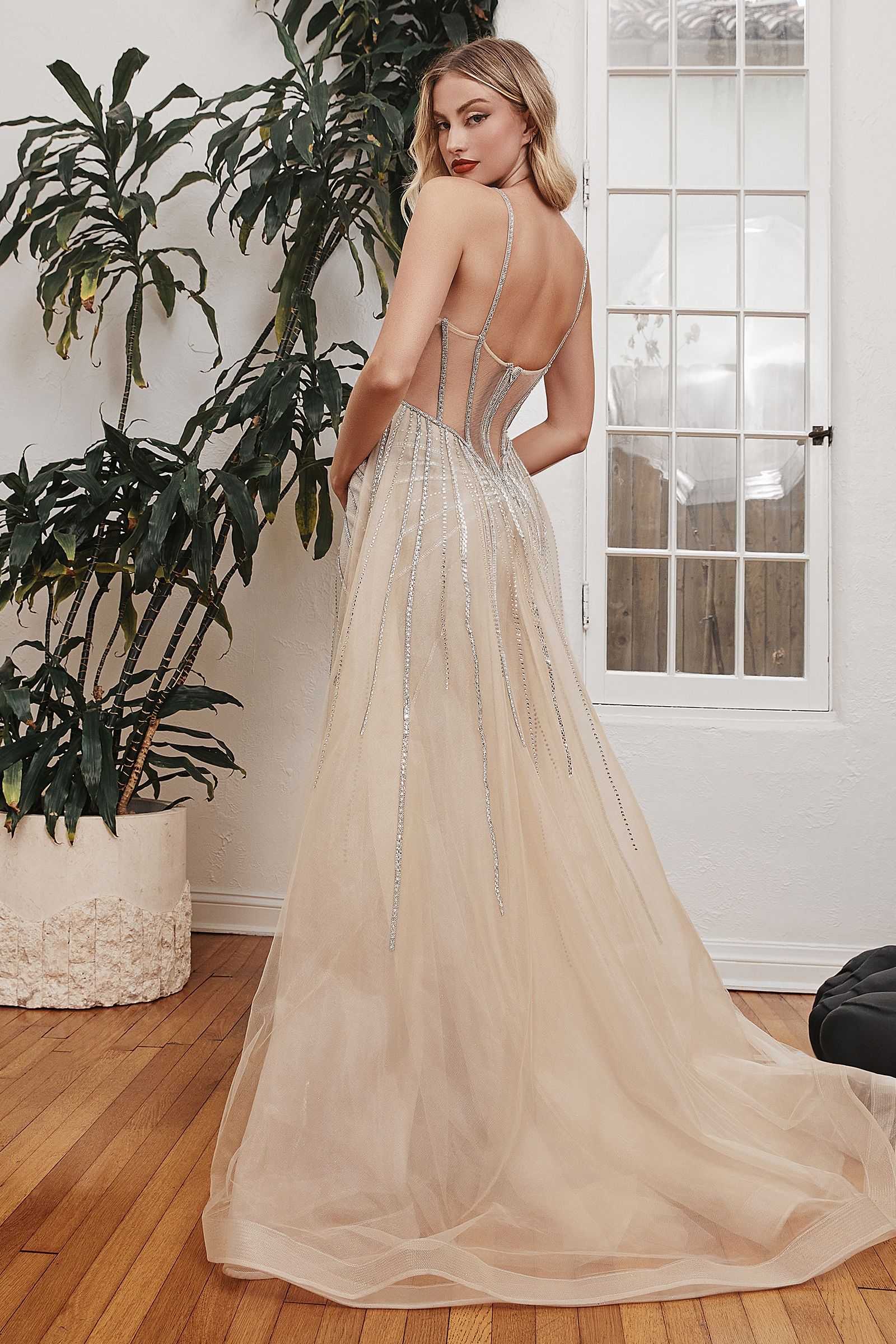 Beaded Fitted Gown With Tulle Over Skirt-3