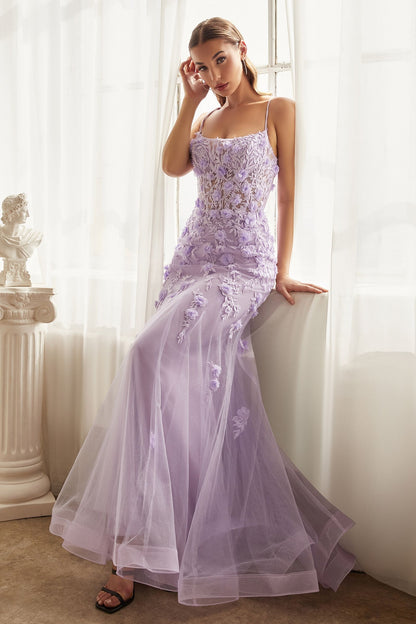 Fitted Floral Applique Tulle Gown-1