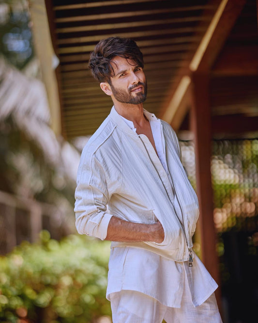 Shahid Kapoor In Our - Off-White Bomber Jacket with Kurta & Pant Set-0