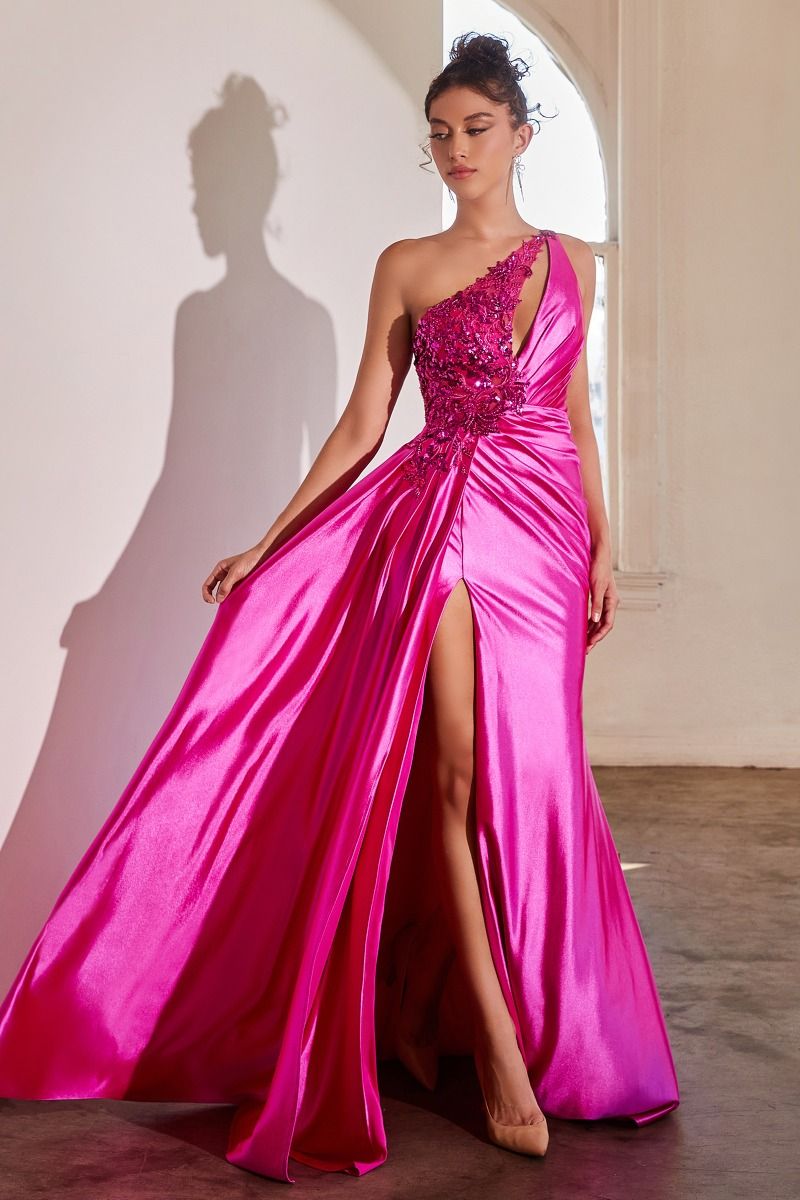 One Shoulder Embellished Satin Gown-1