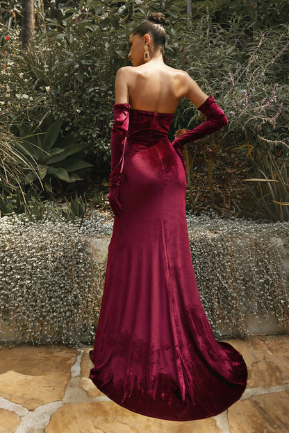 Velvet Strapless Fitted Gown With Gloves-3