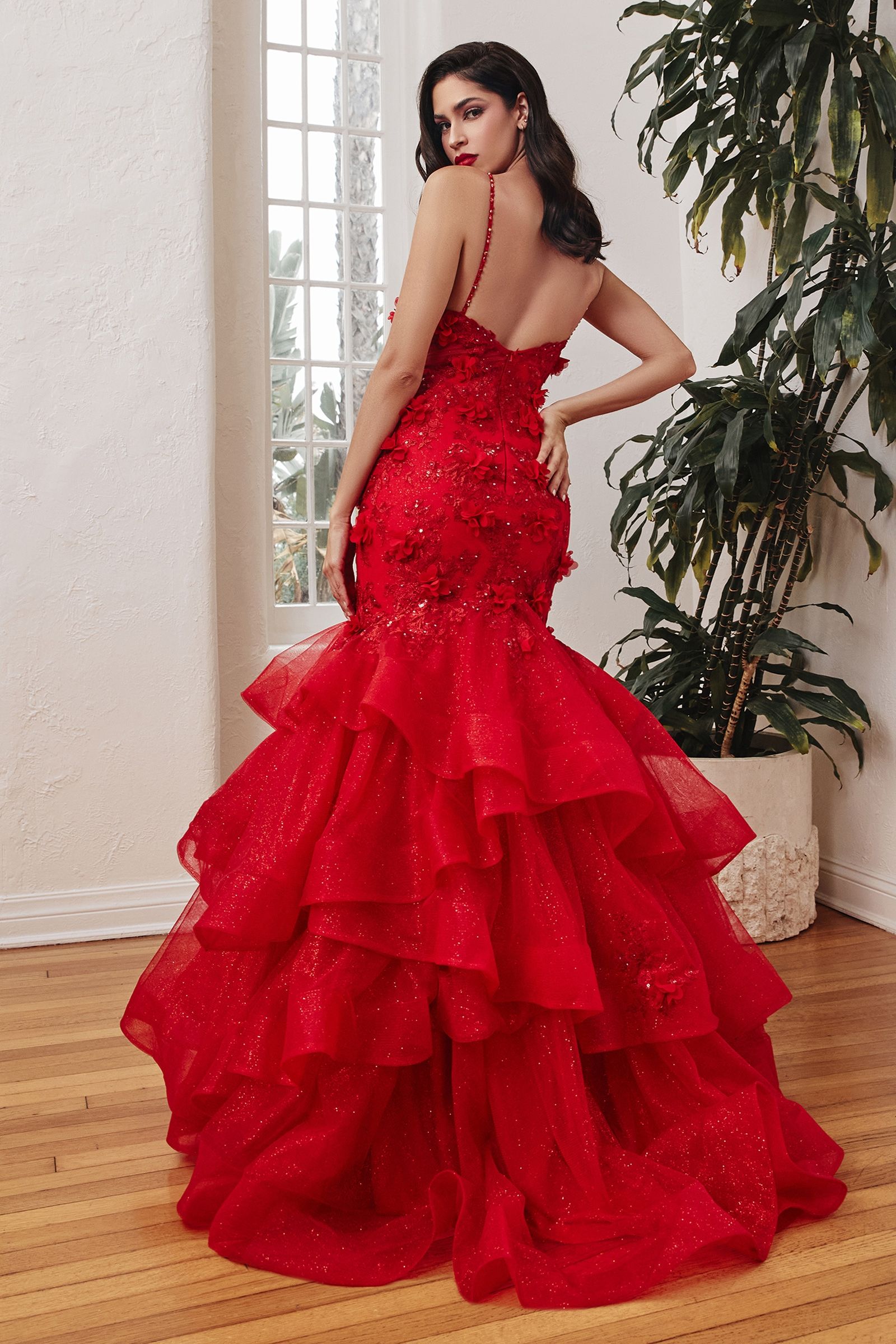 Red Mermaid Tiered Floral Gown-1