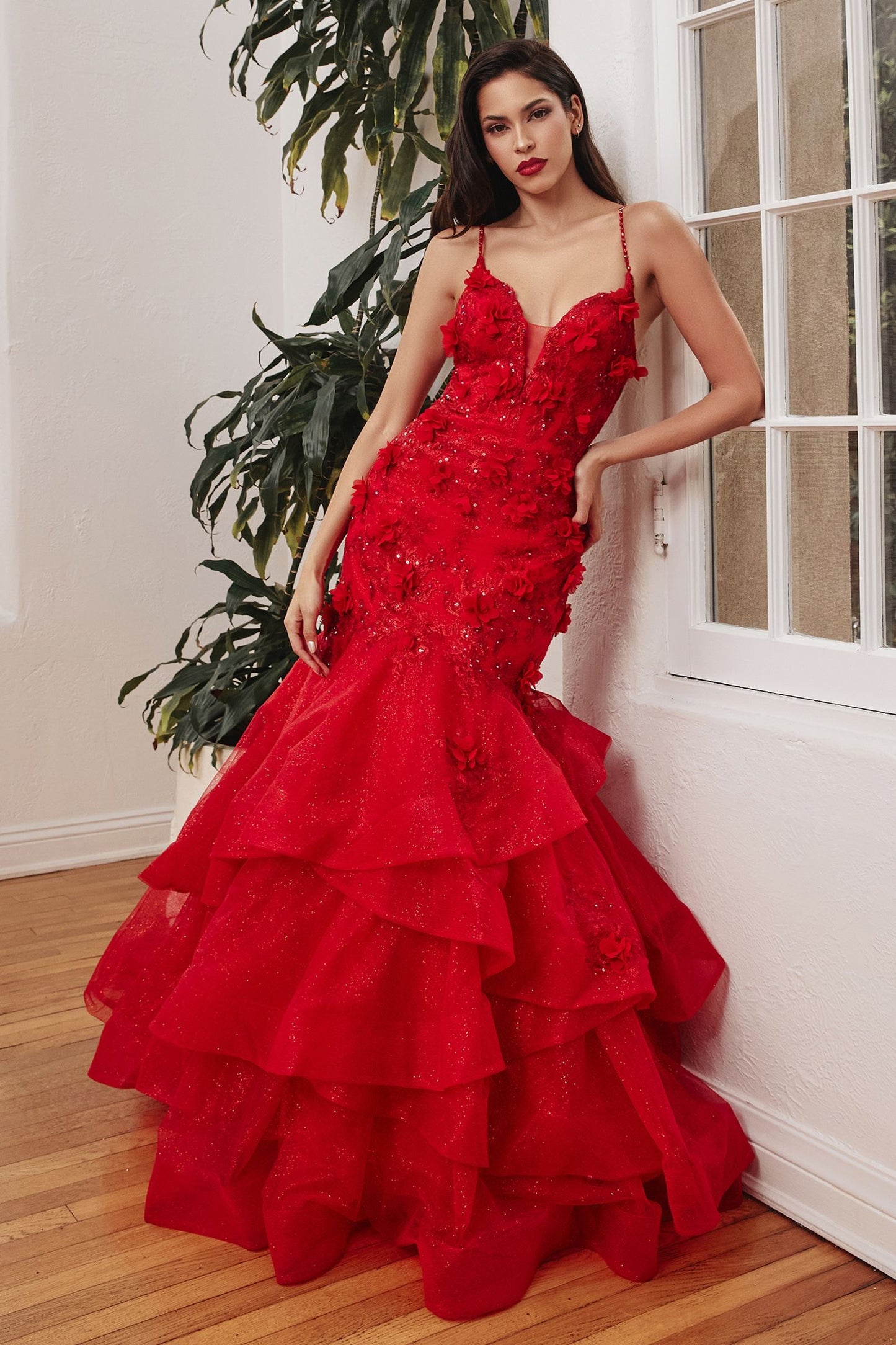 Red Mermaid Tiered Floral Gown-0