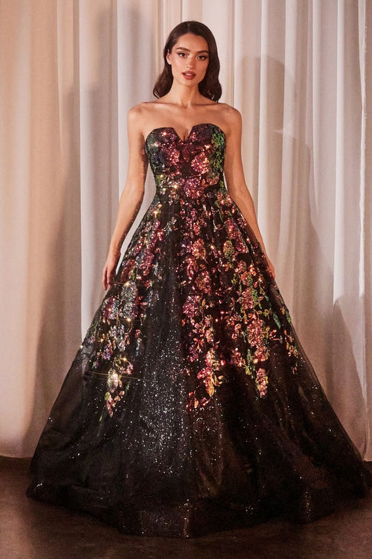 Strapless Floral Appliqued Black Ball Gown-0