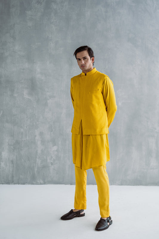 Kai - Mustard Self Textured Nehru Jacket With Kurta Set-0