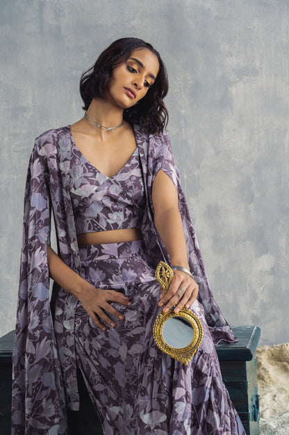 Voila- Mauve Floral Printed Embroidered Top with Cape & Sharara Set-1