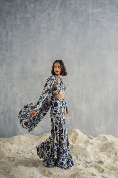 Cassia - Off White & Multi-Blue Printed & Embroidered Crop Top With Cape & Sharara Set-0