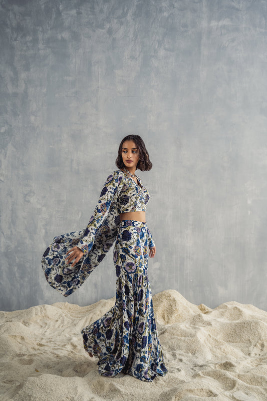 Cassia - Off White & Multi-Blue Printed & Embroidered Crop Top With Cape & Sharara Set-0