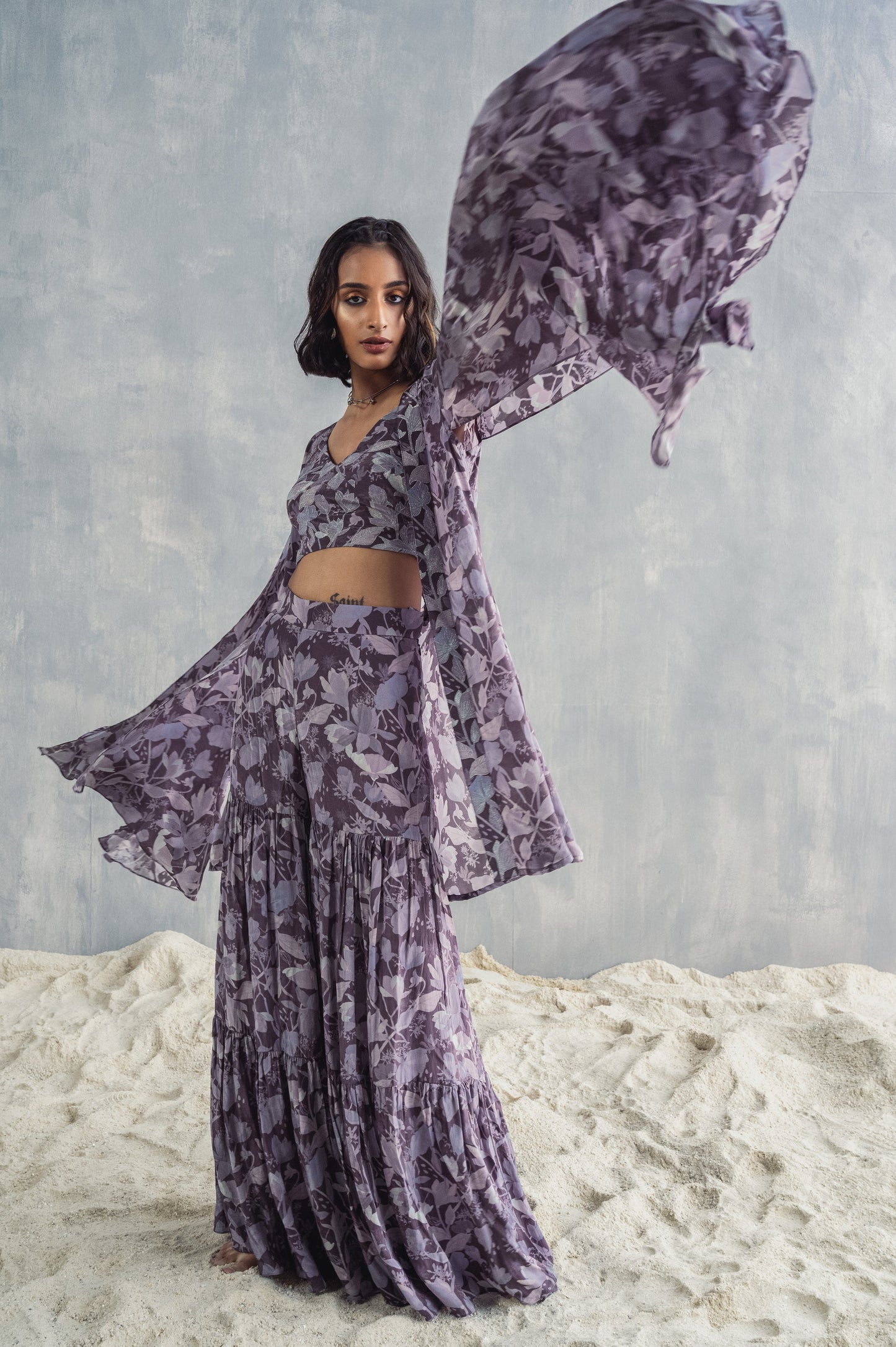 Voila- Mauve Floral Printed Embroidered Top with Cape & Sharara Set-0