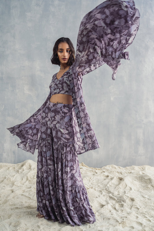 Voila- Mauve Floral Printed Embroidered Top with Cape & Sharara Set-0