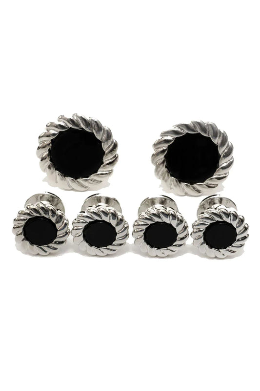 Black Onyx with Fluted Silver Trim Studs and Cufflinks Set-0