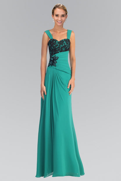 Chiffon Long Dress with Lace Detailing on Pleated Bodice and Lace Detailing-0