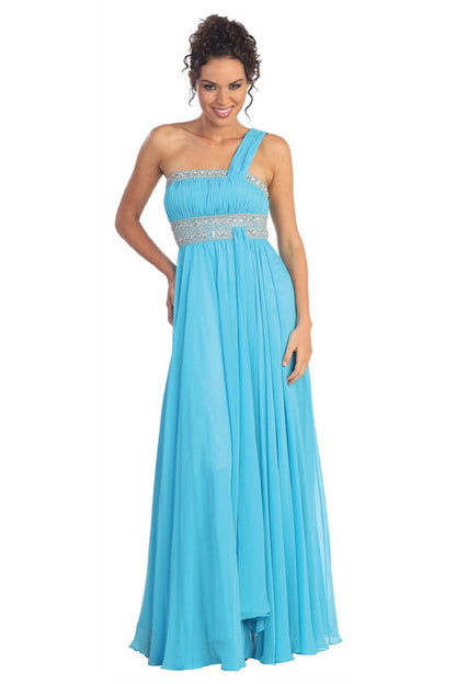 One Shoulder Floor Length Empire Dress with Jewel Detailing-2