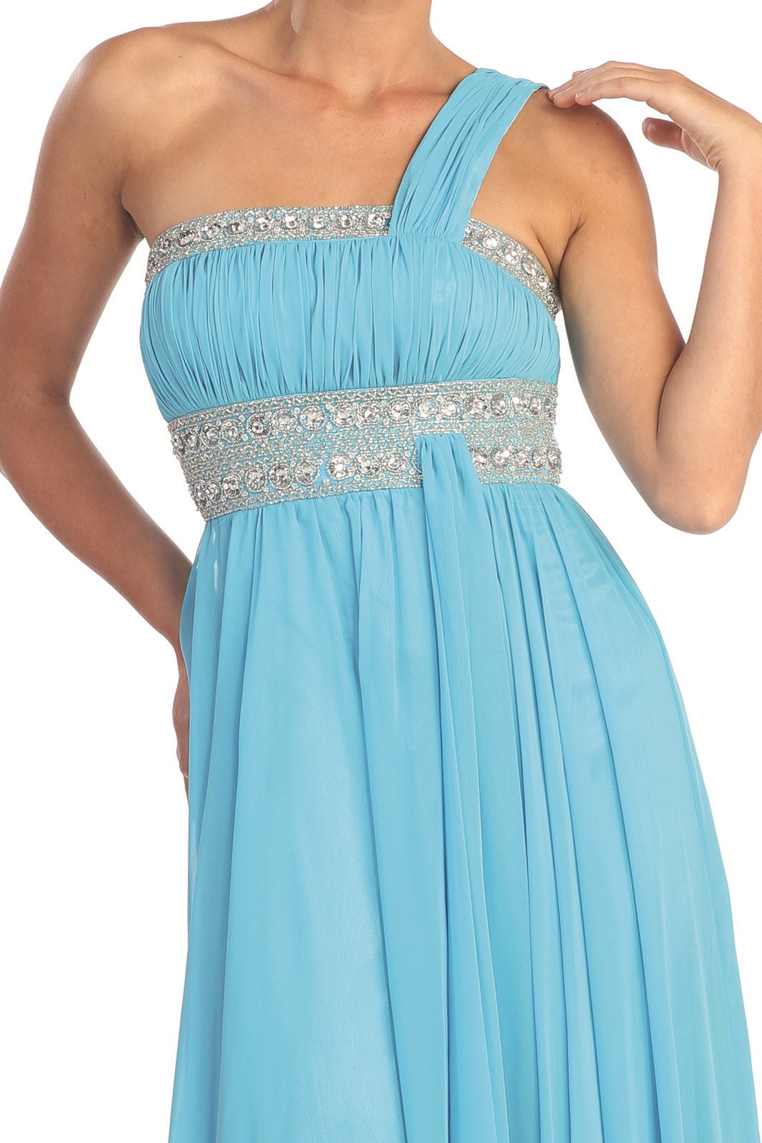 One Shoulder Floor Length Empire Dress with Jewel Detailing-0