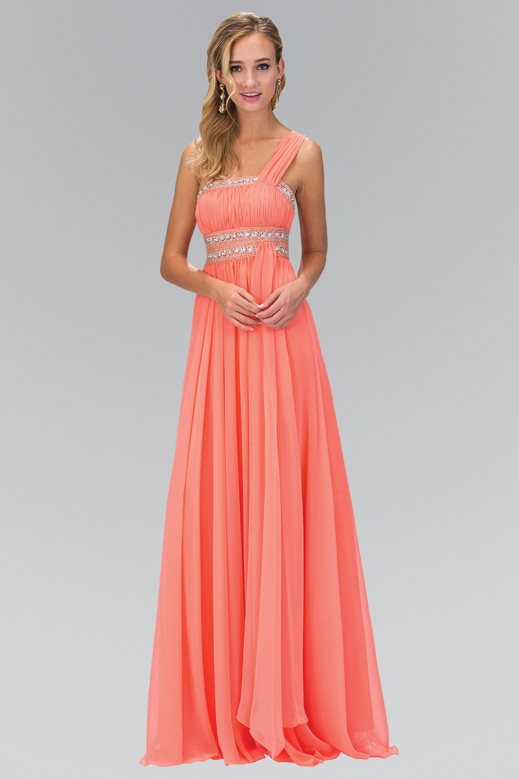 One Shoulder Floor Length Empire Dress with Jewel Detailing-3