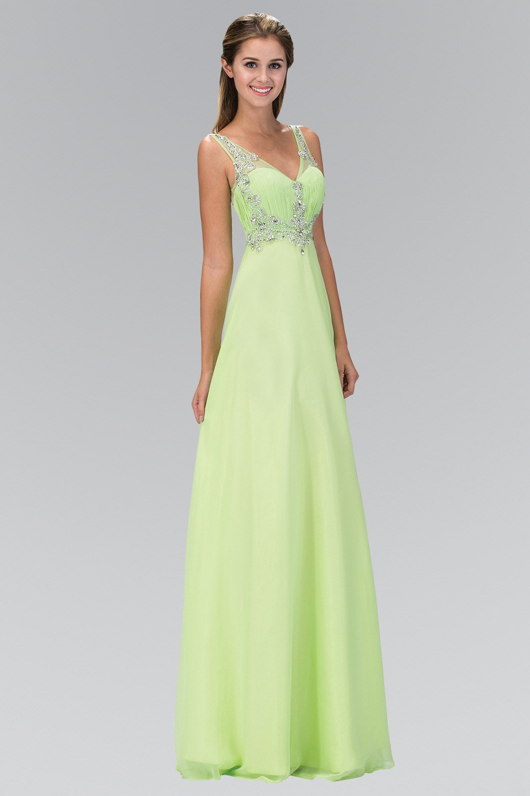 V-Neck Chiffon Long Dress with Beaded Sheer Straps-2