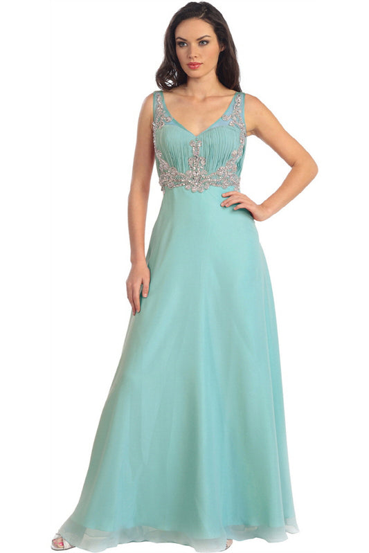 V-Neck Chiffon Long Dress with Beaded Sheer Straps-0