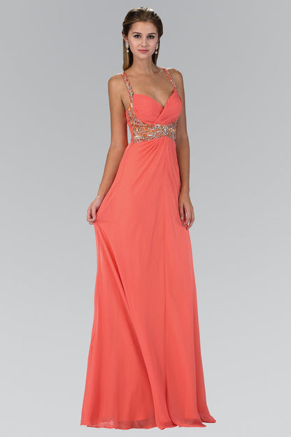 Jewel Embellished Chiffon Long Dress with Ruched Bodice-0