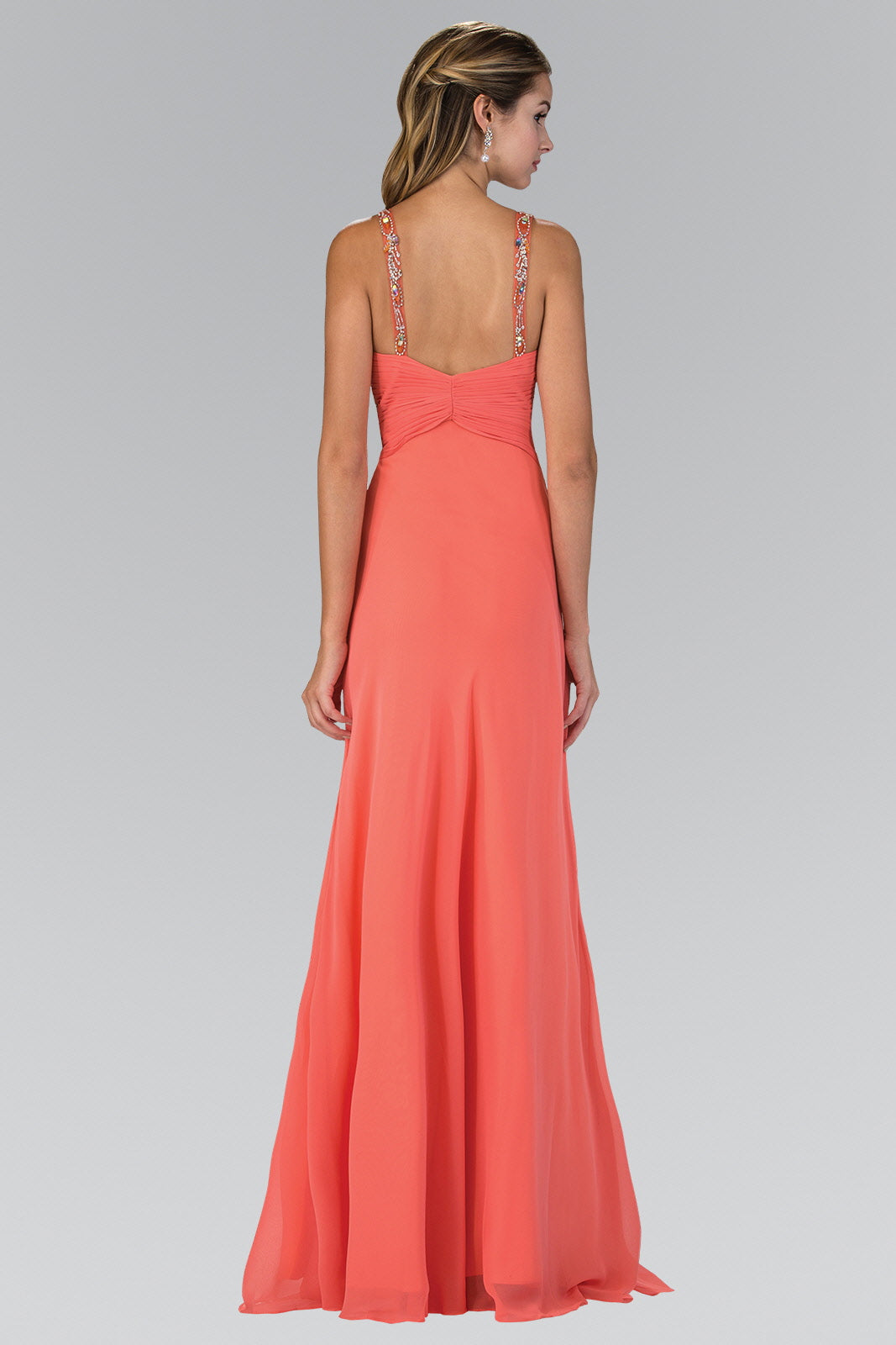 Jewel Embellished Chiffon Long Dress with Ruched Bodice-1