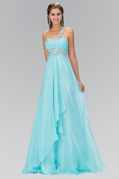 One Shoulder Chiffon Long Dress Accented with Jewel-0