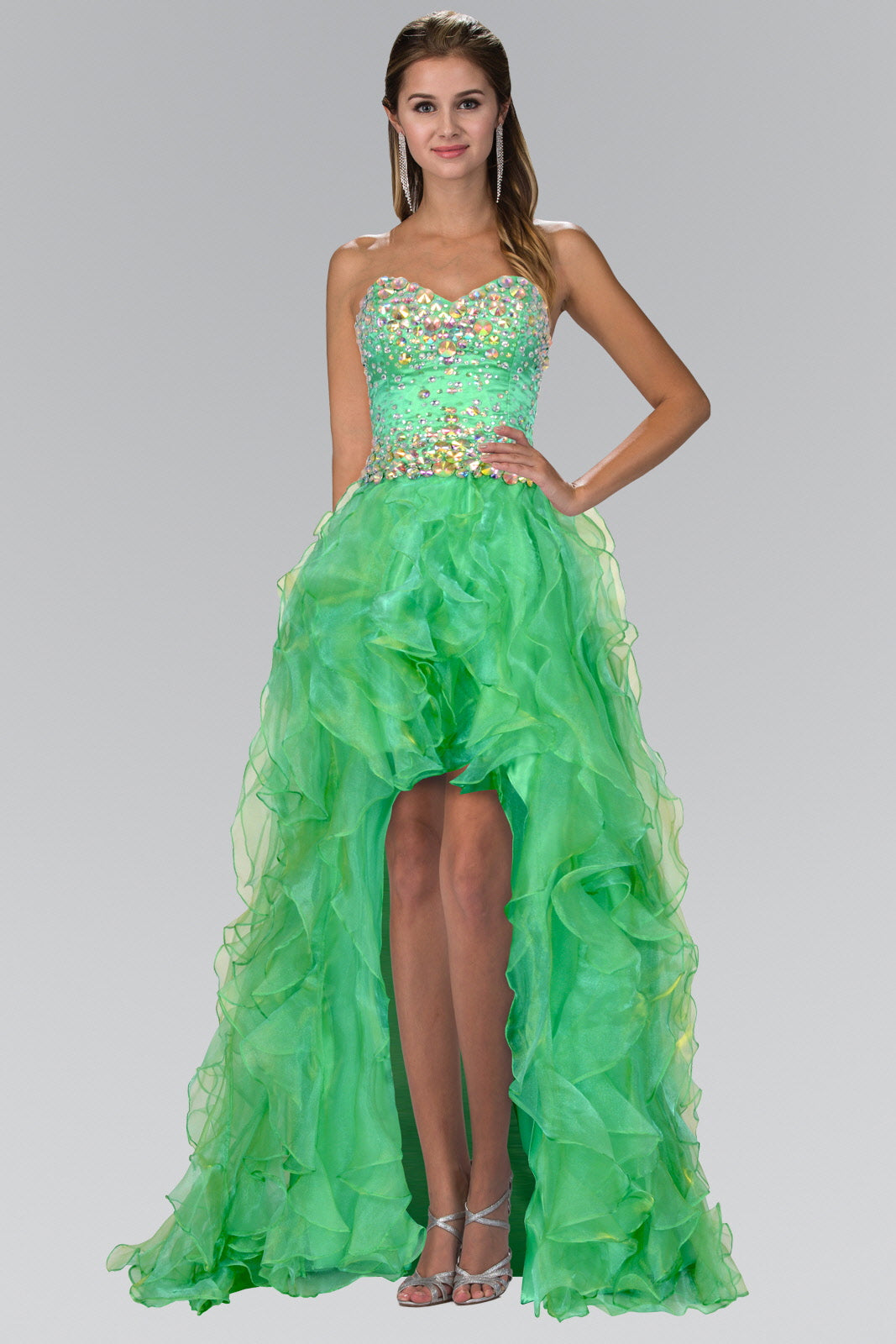 Organza High-Low Dress with Jeweled Sweetheart Bodice-0