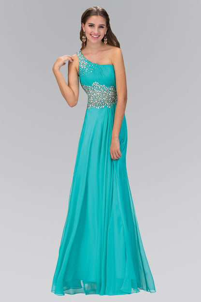 One Shoulder Chiffon Long Dress with Beaded Waistline-0