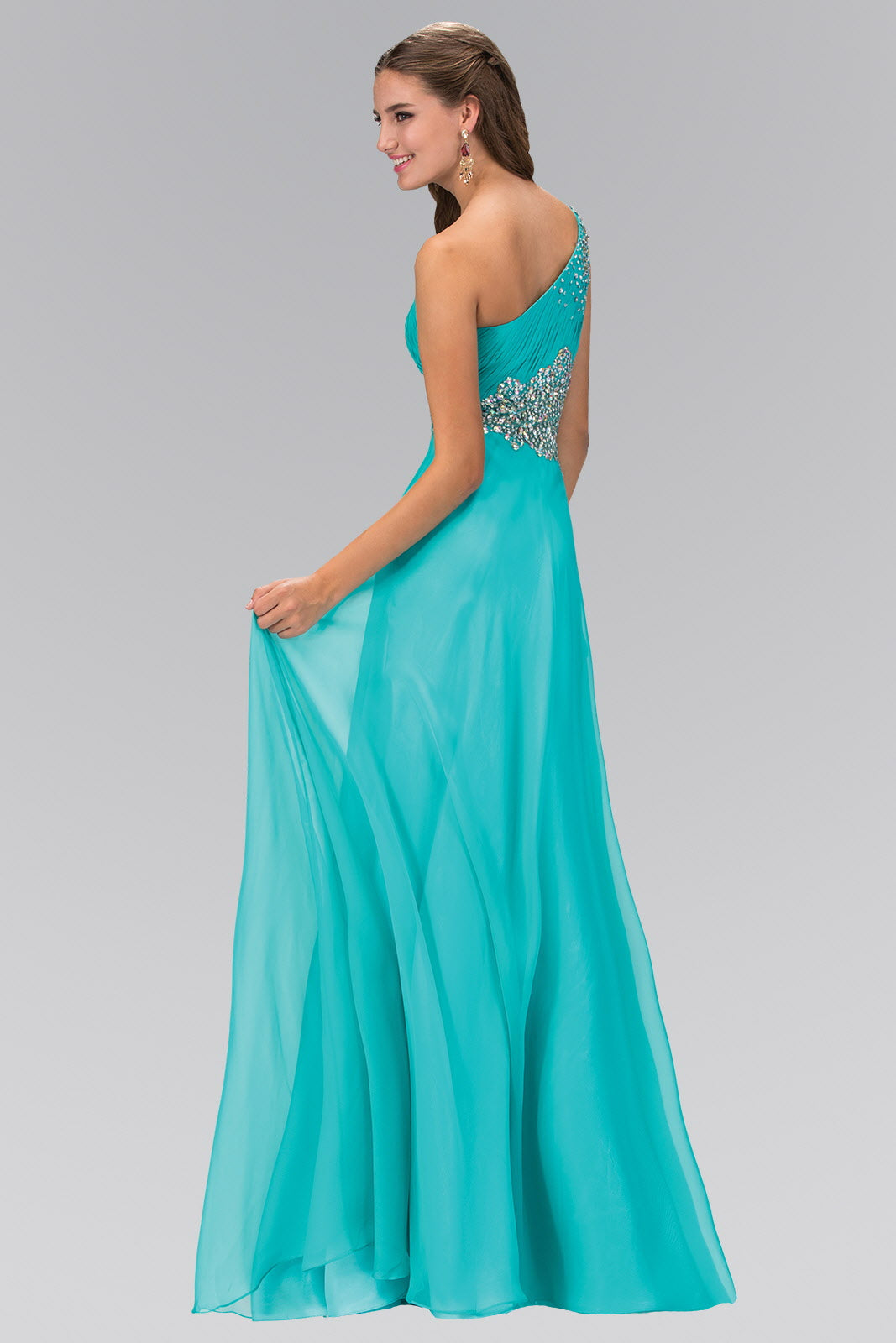 One Shoulder Chiffon Long Dress with Beaded Waistline-1