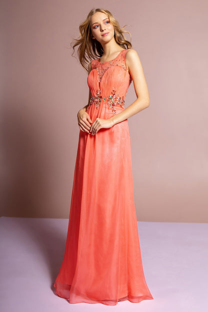 Ruched Bodice Chiffon Long Dress with Jeweled Neckline and Waist-4