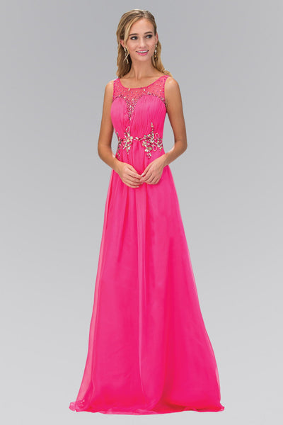 Ruched Bodice Chiffon Long Dress with Jeweled Neckline and Waist-0