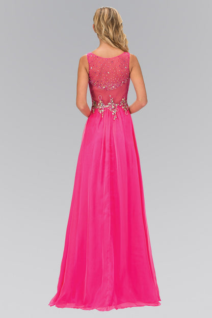 Ruched Bodice Chiffon Long Dress with Jeweled Neckline and Waist-1