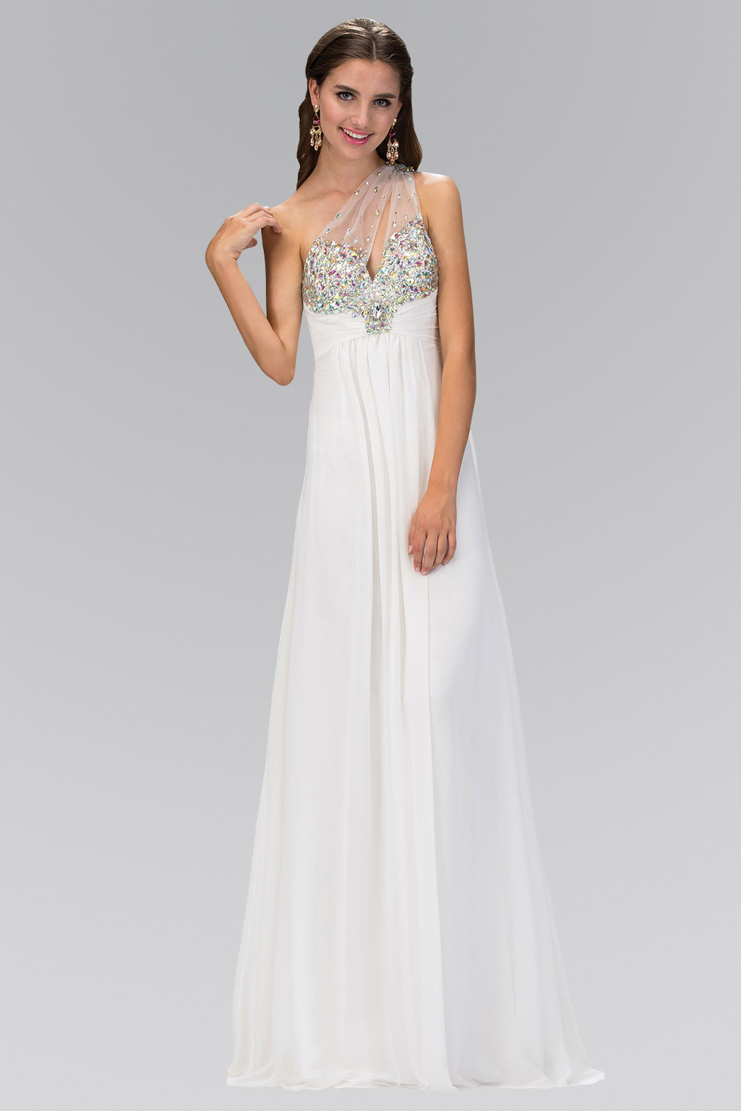 One Shoulder Chiffon Long Dress with Jewel Embellished Bodice and Ruched Waistline-3