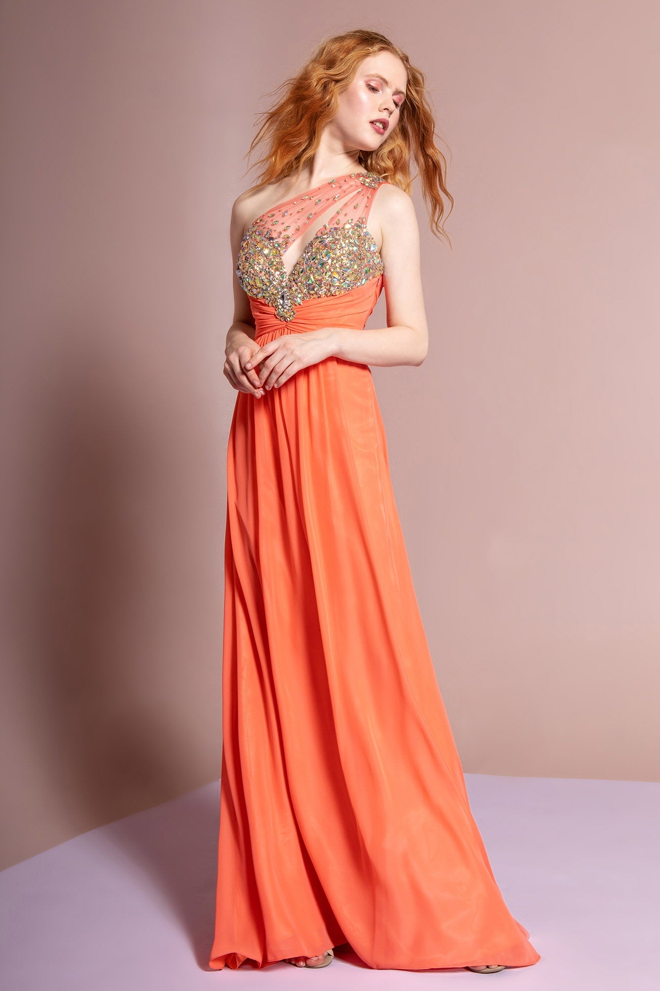 One Shoulder Chiffon Long Dress with Jewel Embellished Bodice and Ruched Waistline-5