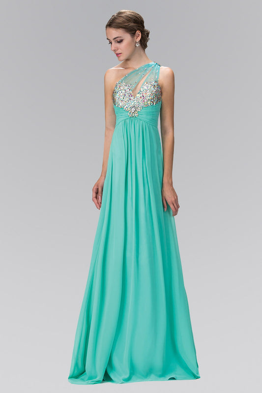 One Shoulder Chiffon Long Dress with Jewel Embellished Bodice and Ruched Waistline-0