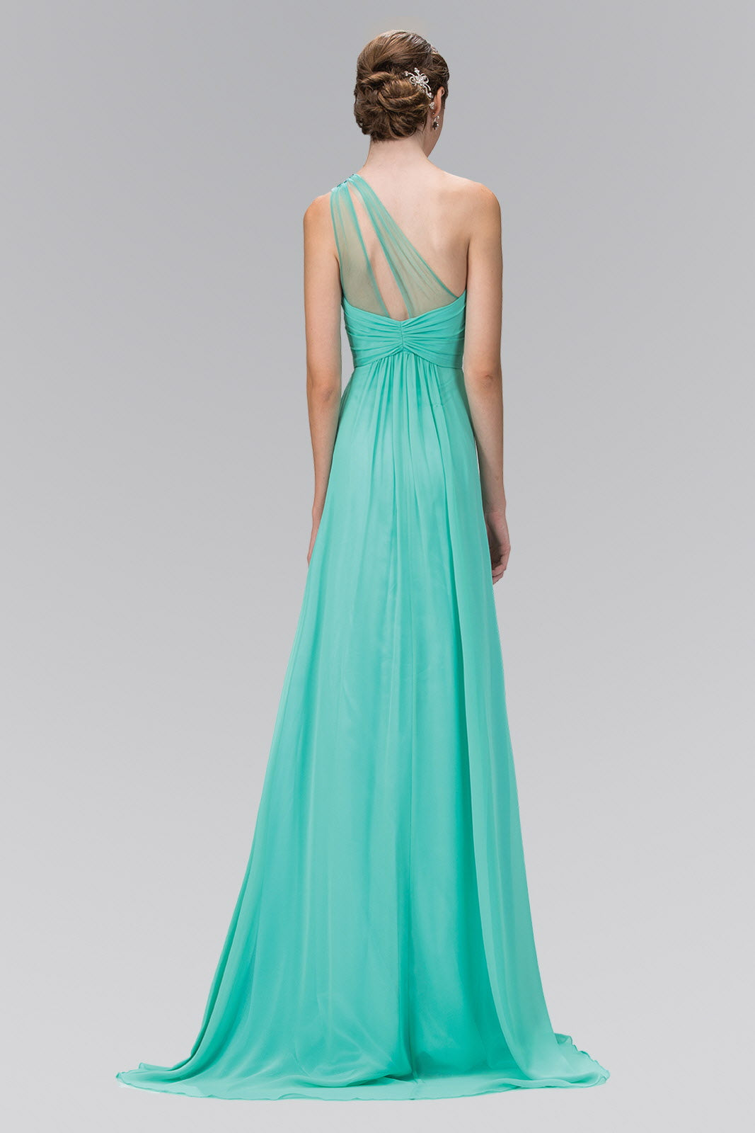 One Shoulder Chiffon Long Dress with Jewel Embellished Bodice and Ruched Waistline-1