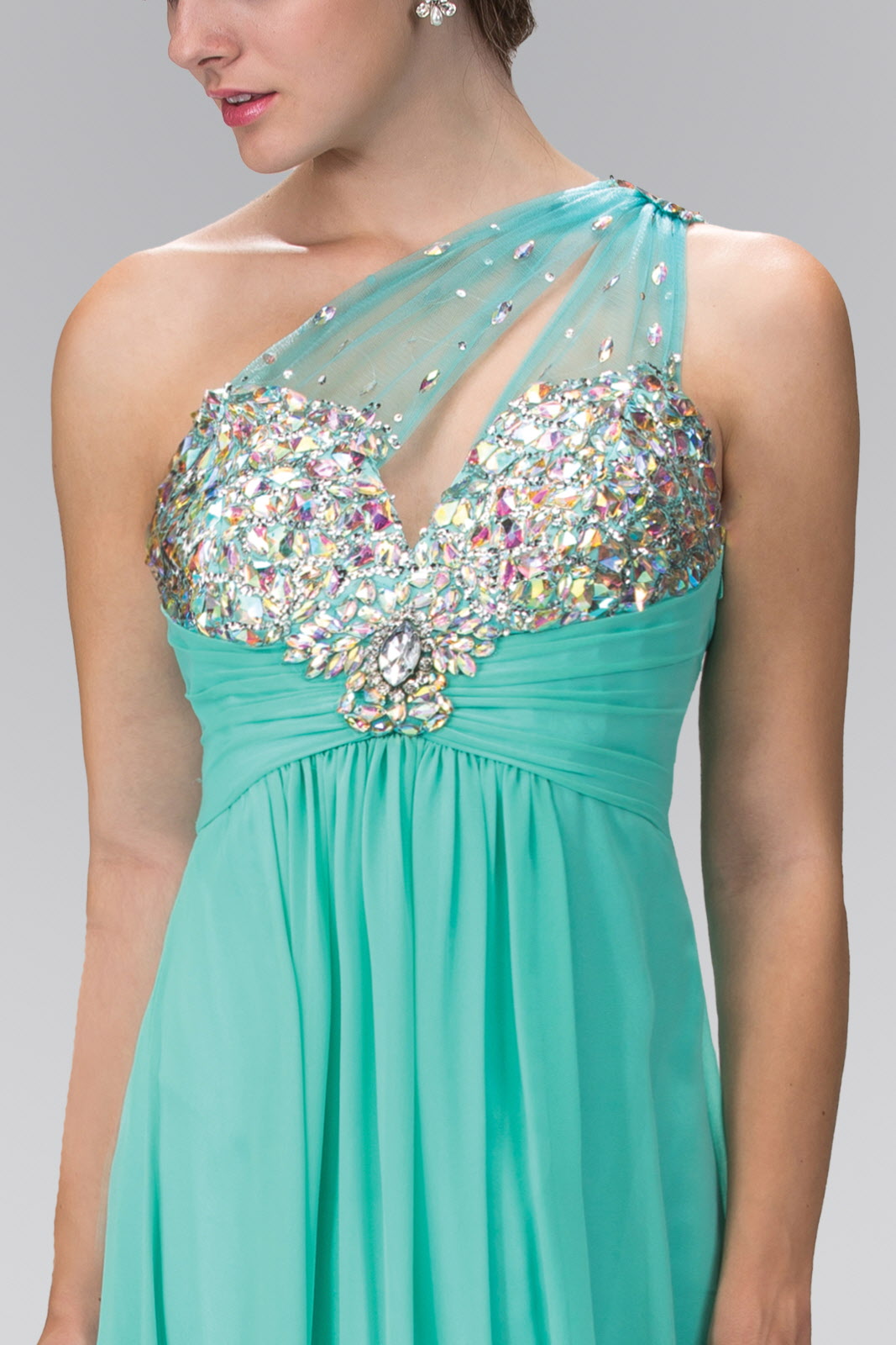 One Shoulder Chiffon Long Dress with Jewel Embellished Bodice and Ruched Waistline-2