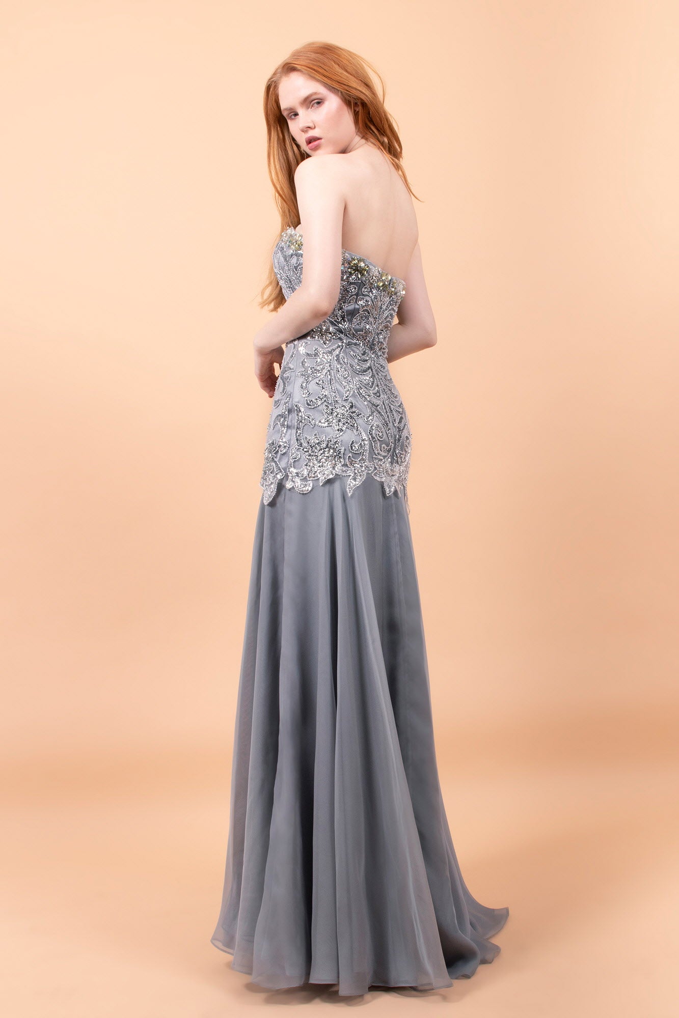 Strapless Chiffon Long Dress with Side Slit and Beaded Bodice-1