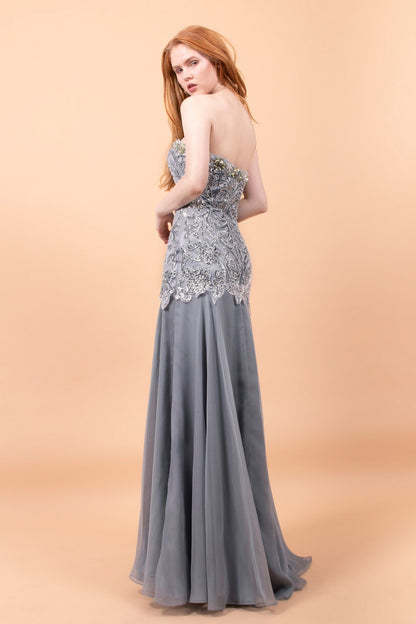 Strapless Chiffon Long Dress with Side Slit and Beaded Bodice-1