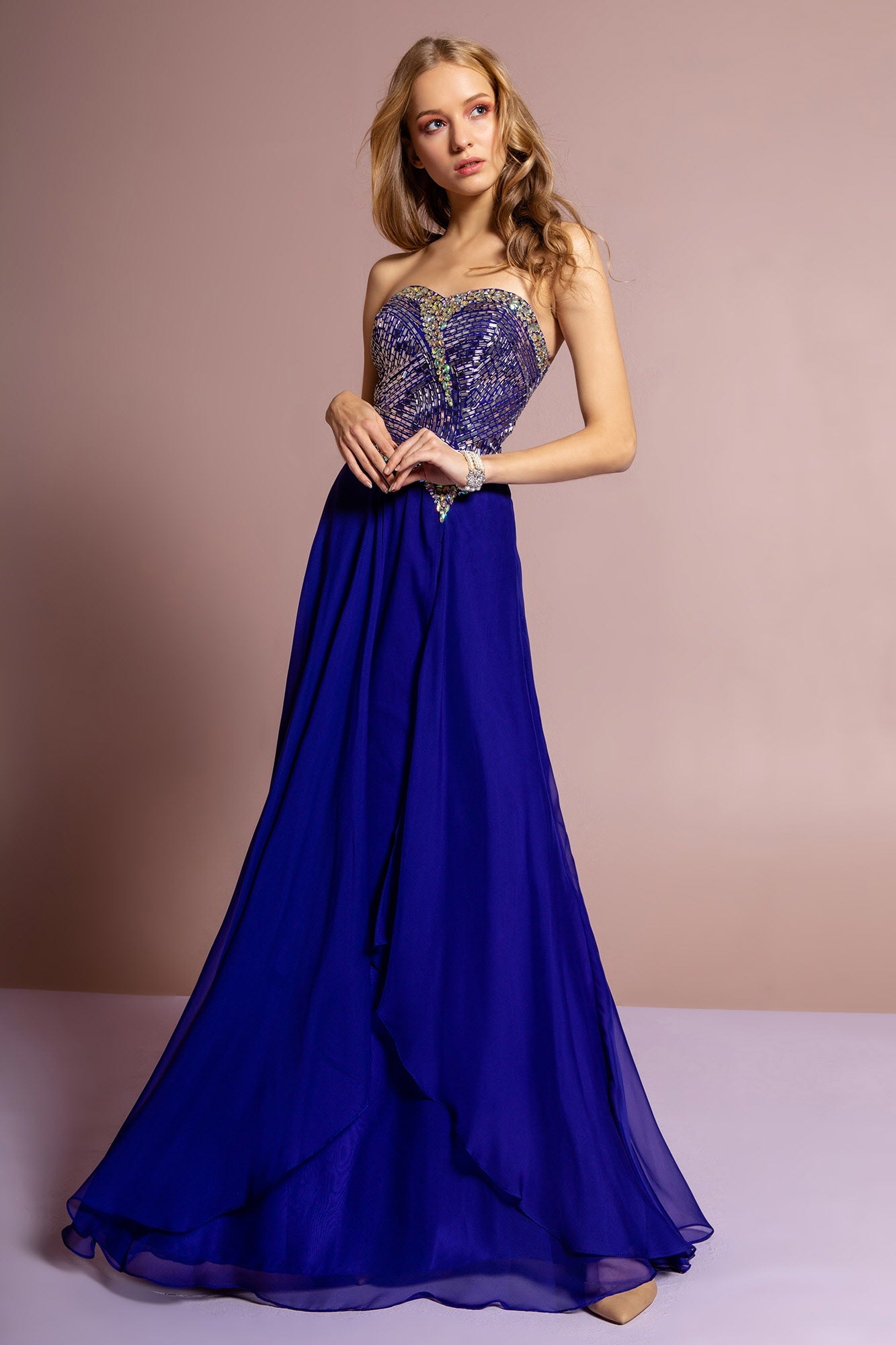 Strapless Chiffon Floor Length Dress with Jeweled Bodice-0