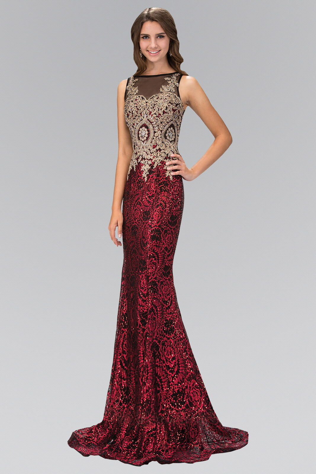 Floor Length Dress with Gold Lace on Bodice and Sequin on Skirt-2