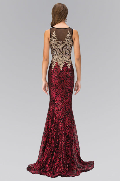 Floor Length Dress with Gold Lace on Bodice and Sequin on Skirt-3