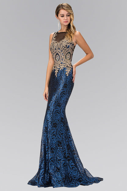 Floor Length Dress with Gold Lace on Bodice and Sequin on Skirt-0