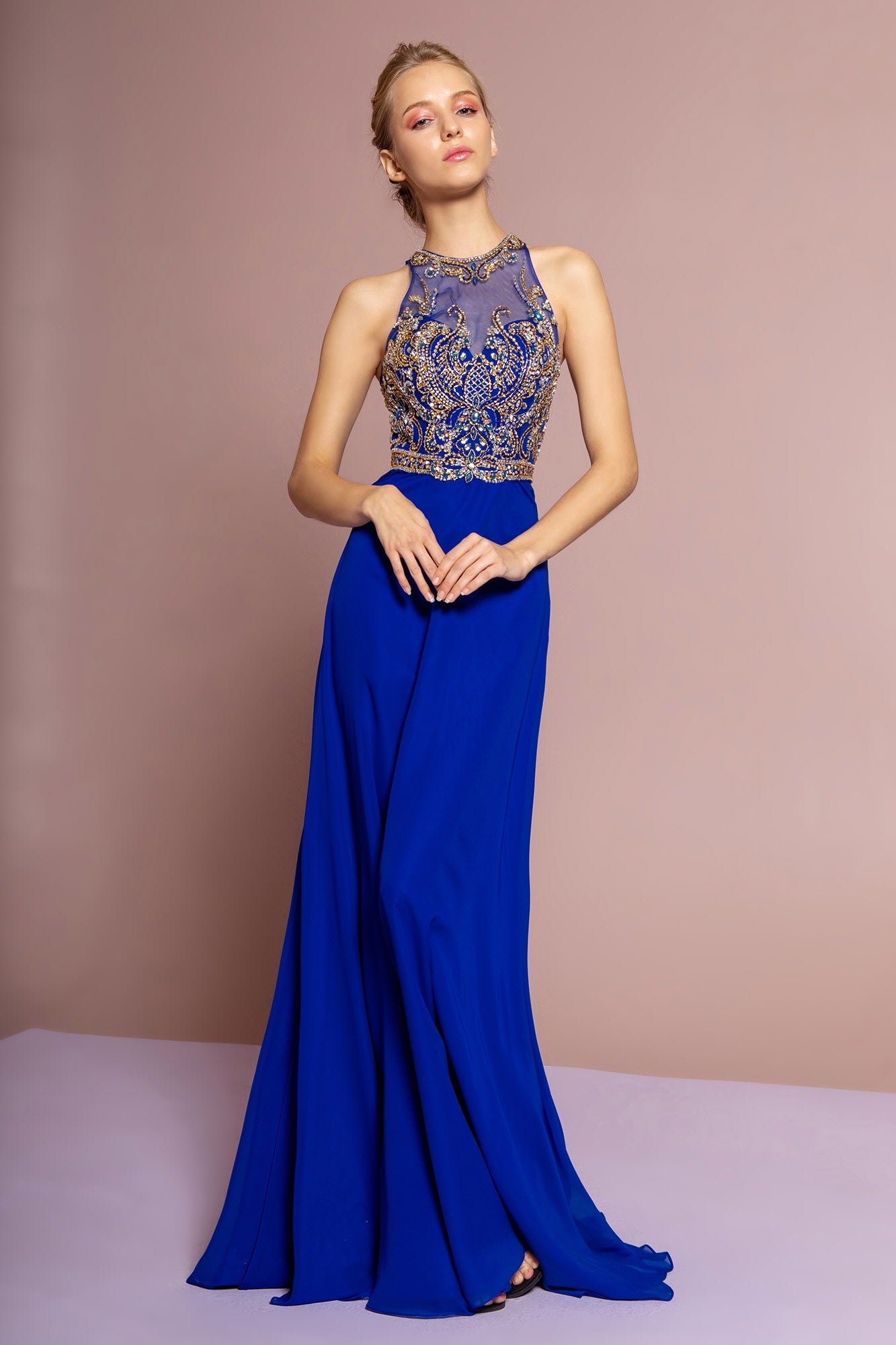 Jewel and Bead Embellished Long Dress with Back Cut Out-0