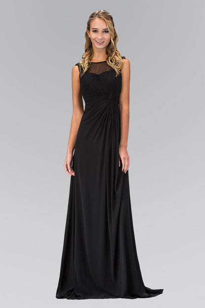 Ruched Floor Length Dress with Illusion Neckline and Sheer Back-1