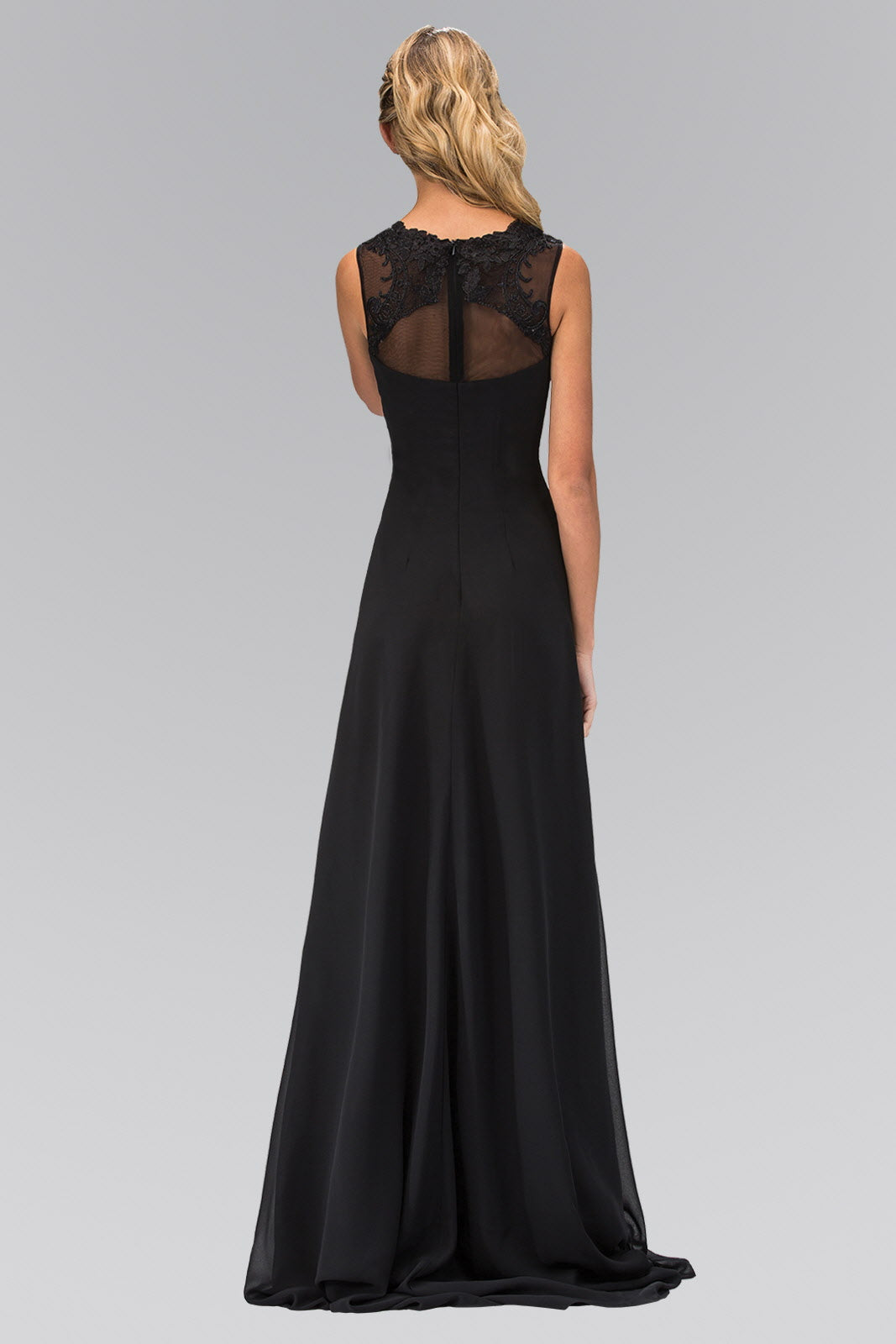 Ruched Floor Length Dress with Illusion Neckline and Sheer Back-4