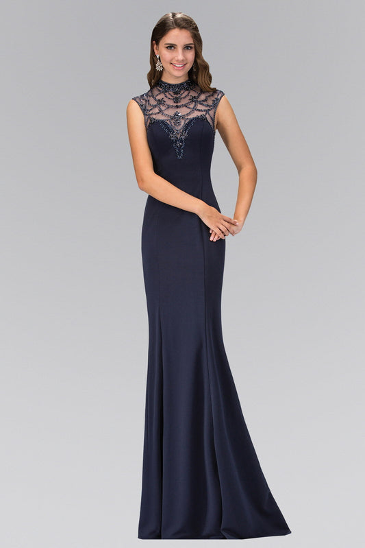 Highneck Navy Long Jersey Dress with Bead Detaiing-0