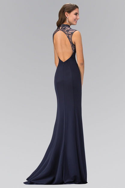 Highneck Navy Long Jersey Dress with Bead Detaiing-1